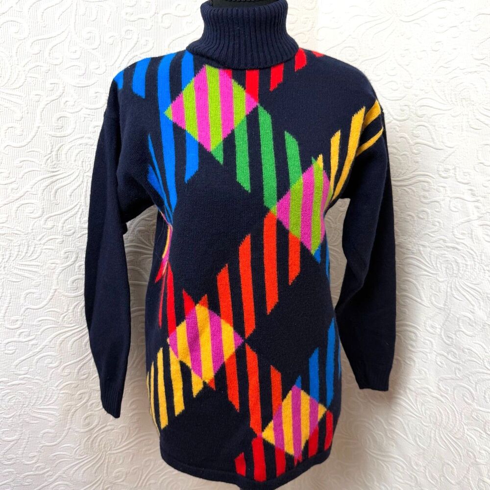 Liz Claiborne Vintage 90s Merino Wool Abstract Argyle Navy Turtleneck Sweater M